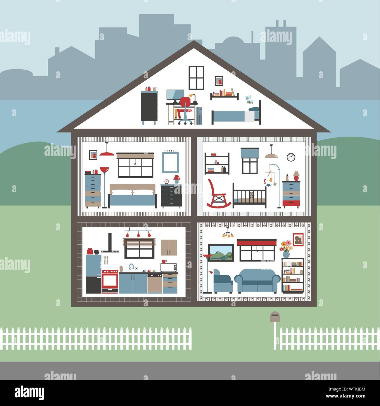 Maison d'habitation en coupe avec des meubles de couleur - Chambres détaillées : ameublement - regroupés et en EPS10 Illustration de Vecteur