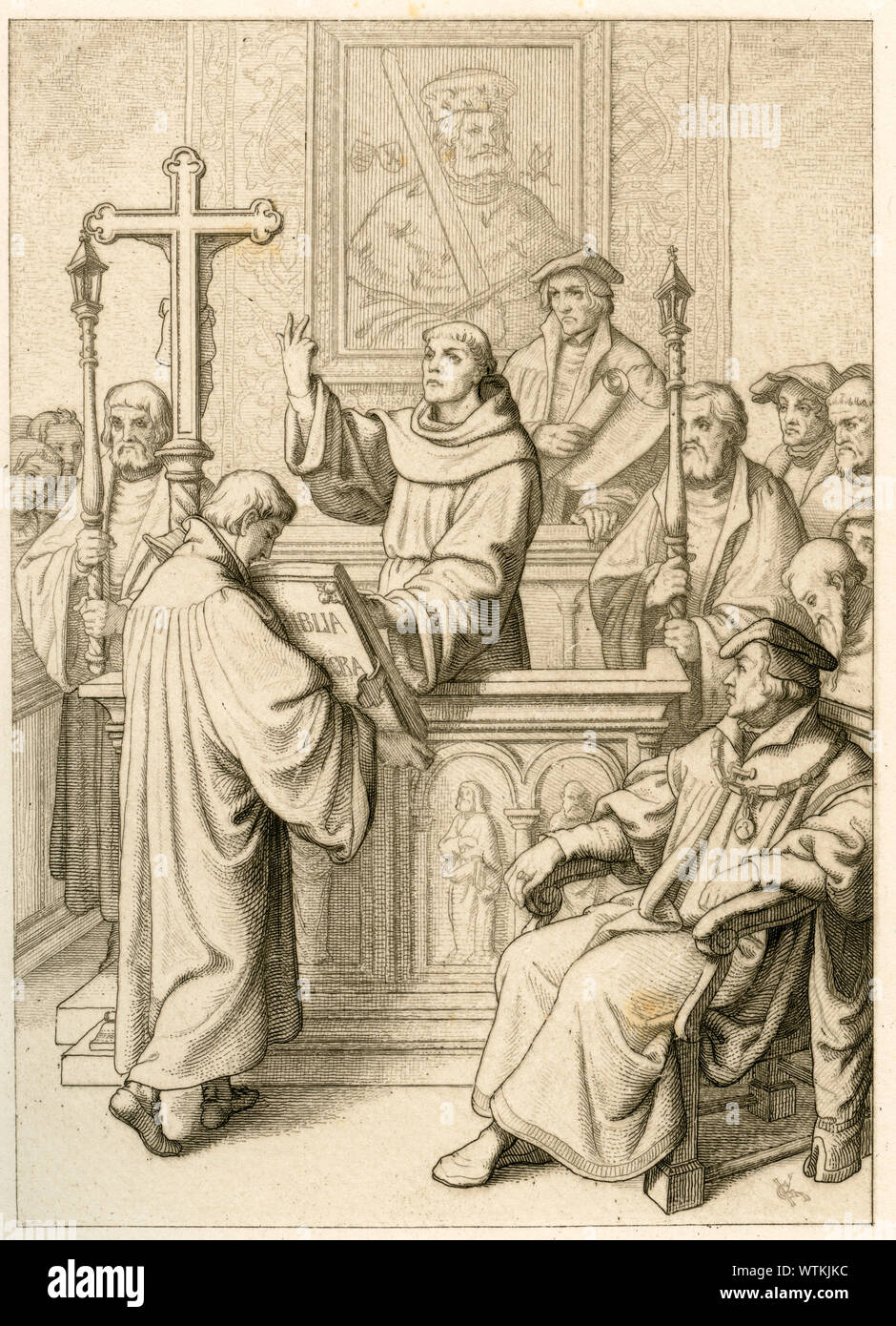 Europa, Deutschland, Martin Luther wird zum Doktor der Heiligen Schrift und einen promoviert schwört Eid auf die Heilige Schrift . Originaltext : ' Luther wird durch Karlstadt mit Feierlichkeit zum Heiligen Schrift der médecin creirt promovirt und ' , Illustration aus : ' Dr. Martin Luther der Deutsche Reformator dans bildlichen , ' Darstellungen Gustav von König, Verlag Rudolf Besser, Gothe, 1850er Jahre. / L'Europe, l'Allemagne, Martin Luther est honorifique à la Sainte Bible. L'illustration de : ' Dr. Martin Luther le Réformateur allemand ' , illustré par Gustav König, publié par Rudolf Besser Banque D'Images