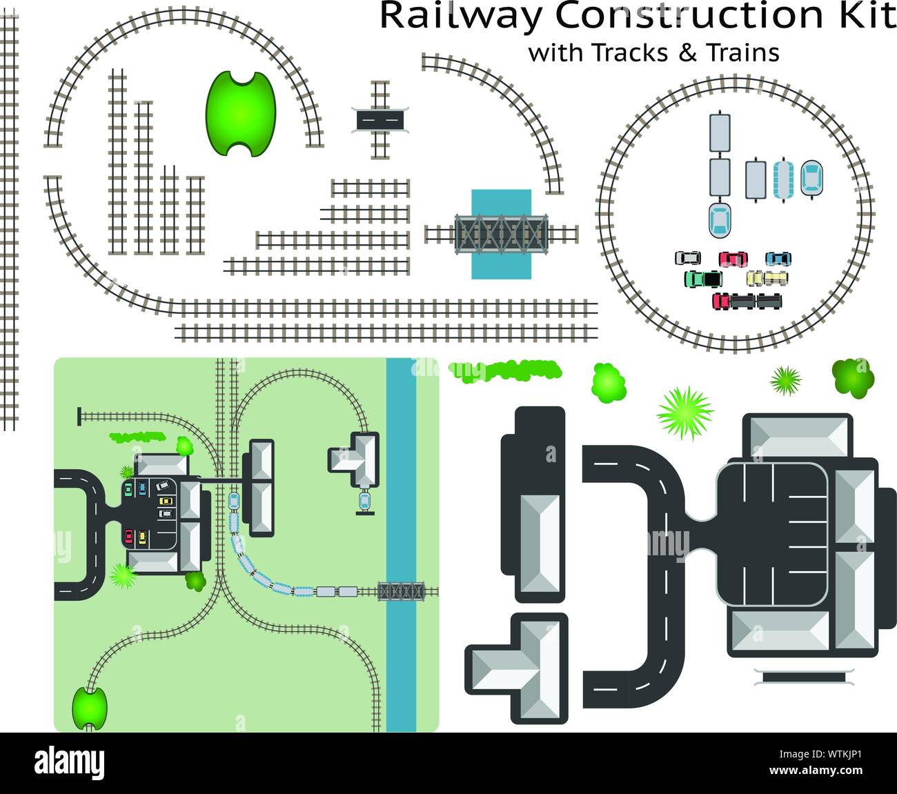 La gare ferroviaire et la construction de kit avec Train - construire votre propre chemin de fer, regroupées et couches, voir mon portefeuille pour d'autres kits Illustration de Vecteur