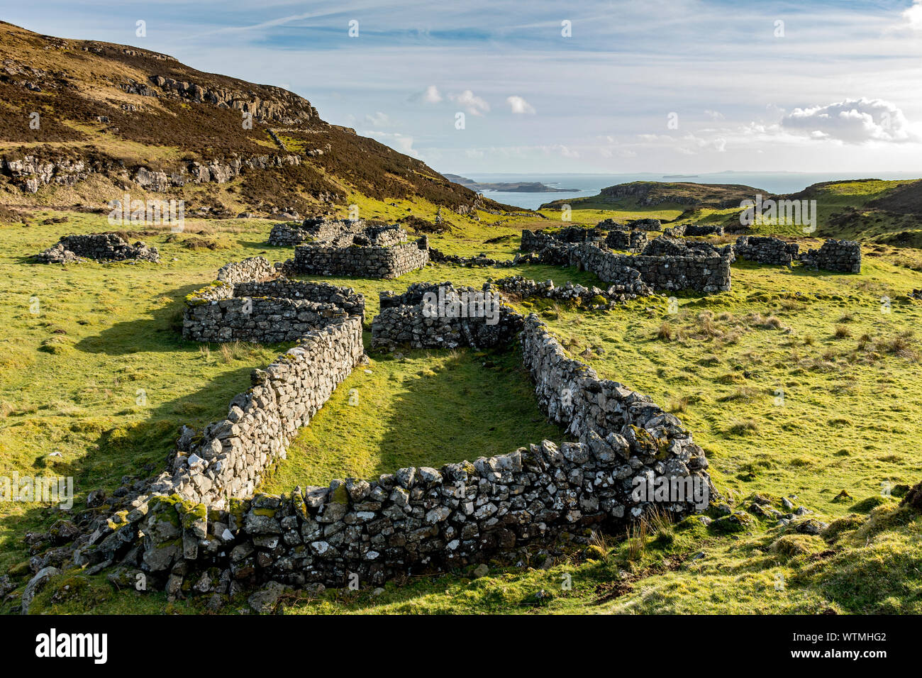 Le village abandonné de Crackaig sur la presqu'île Treshnish promenade côtière, Isle of Mull, Scotland, UK Banque D'Images
