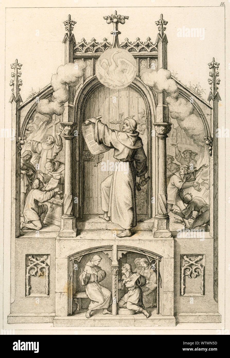 Europa, Deutschland, Begebenheiten um vier dans Martin Luther , Dienstleistungen Workshops , Originaltext : unten im Beichtstuhl Luther verweigert den pochenden Beichtkindern Ablaß auf Ihren die Absolution , Tetzels Ablaßkram liens : - er verbrennt Luthers Schrift , Hauptbild : Luther propose mourir 95 Thesen , une 156 : die Wittenberger Studenten verbrennen Tezels Gegensätze . Illustrationen aus : ' Dr. Martin Luther der Deutsche Reformator dans bildlichen , ' Darstellungen Gustav von König , Verlag Rudolf Besser, Gotha, 1850er Jahre. / L'Europe, l'Allemagne, à propos de Martin Luther en quatre images , texte original, le Banque D'Images