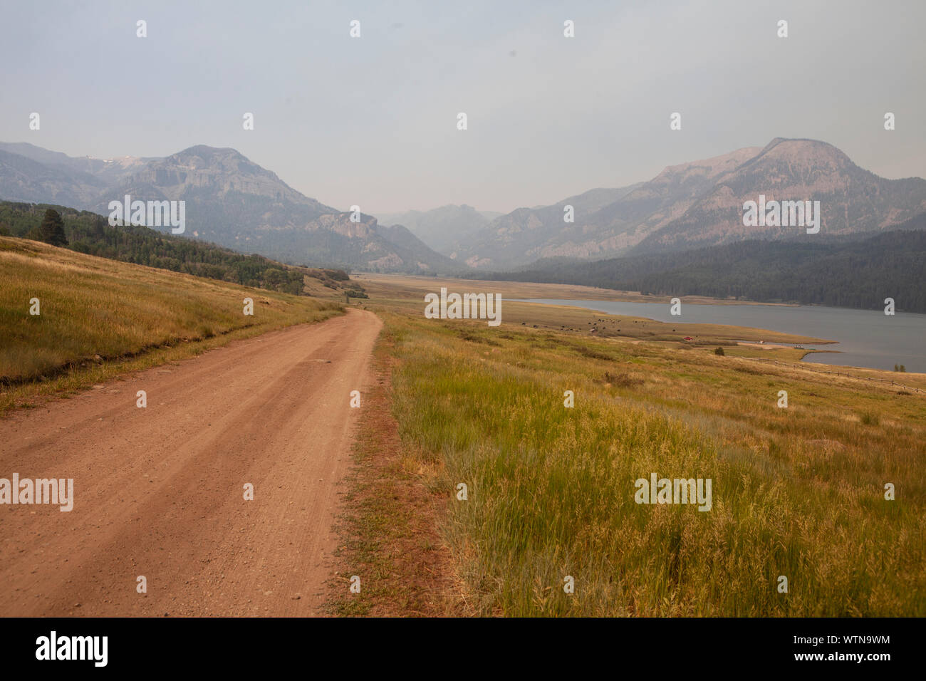 La fumée d'un incendie de forêt obscurcit le paysage au sud-ouest du Colorado. Banque D'Images