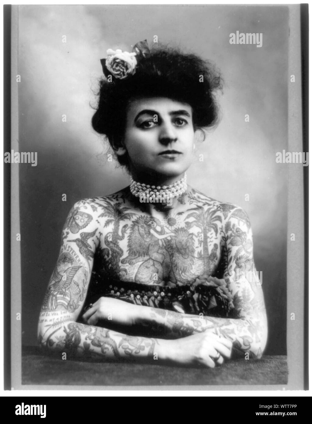 Mme M. Stevens, Wagner portrait demi-longueur, en face légèrement à droite, les bras et la poitrine couverts de tatouages Banque D'Images