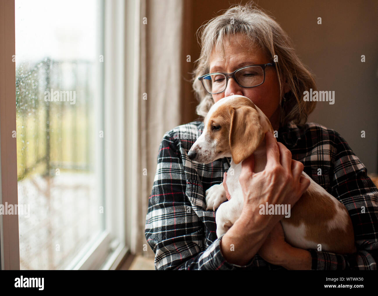 60 ans, femme, et tenant son nouveau chiot teckel à la maison par fenêtre Banque D'Images