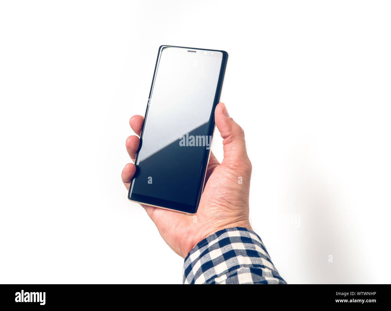 Homme hand holding big Smartphone avec écran vide, concept d'entreprise Banque D'Images