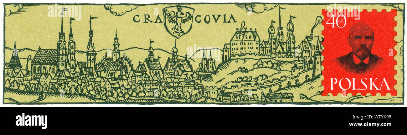 Lénine à Cracovie ville vintage postcard Banque D'Images