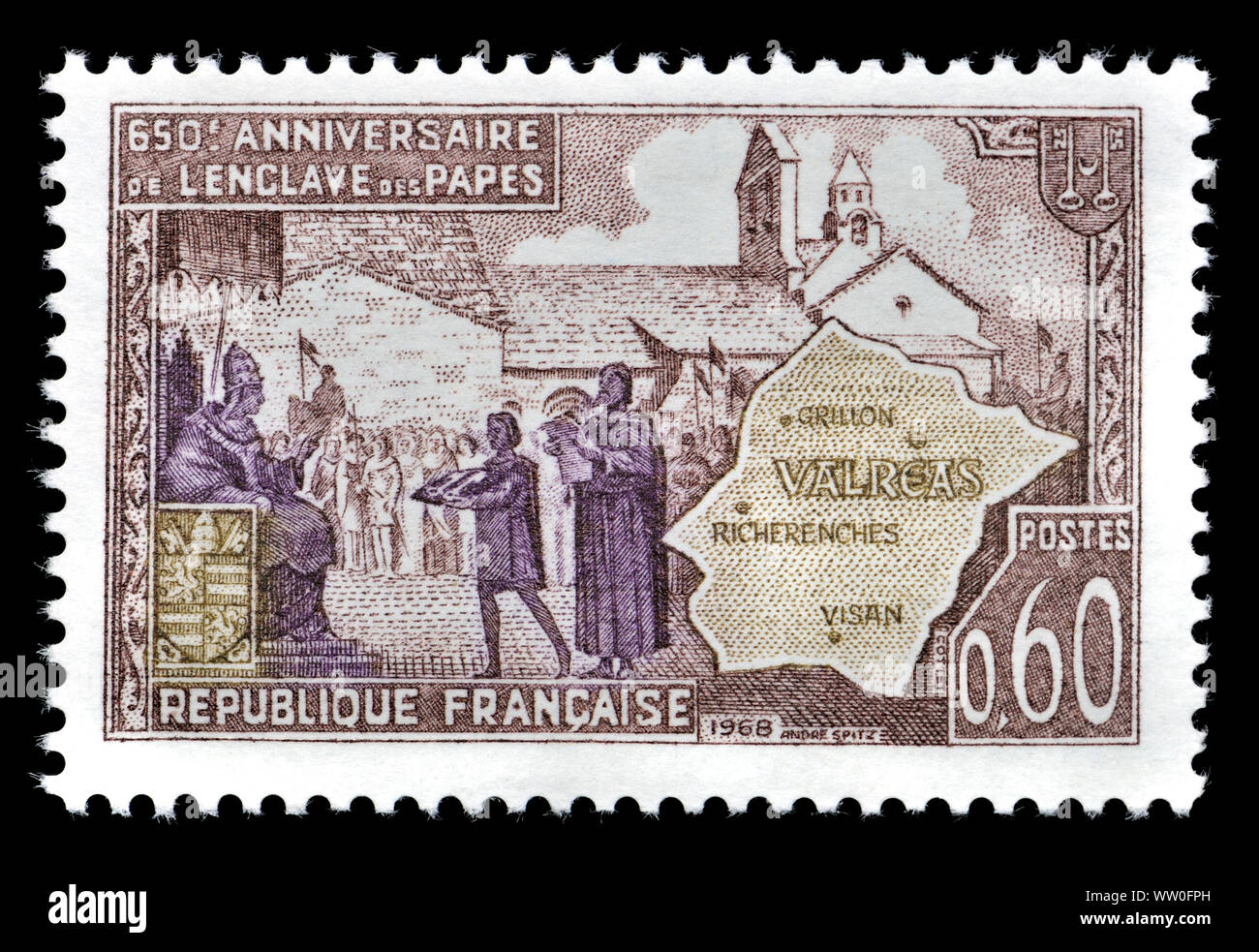 Timbre-poste français (1968) : 650e anniversaire de la "enclave des Papes"  dans le Canton de Valréas Photo Stock - Alamy