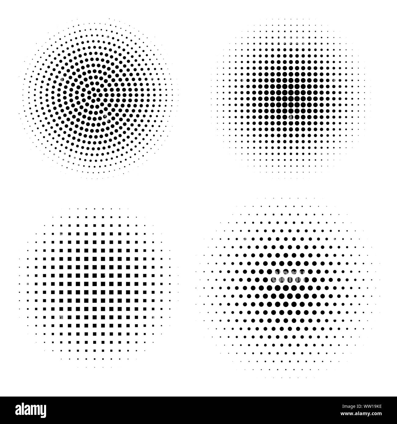 Vector set des éléments de conception de demi-teintes. Abstract circles avec un effet halftone gradient. Points noirs sur fond blanc Illustration de Vecteur