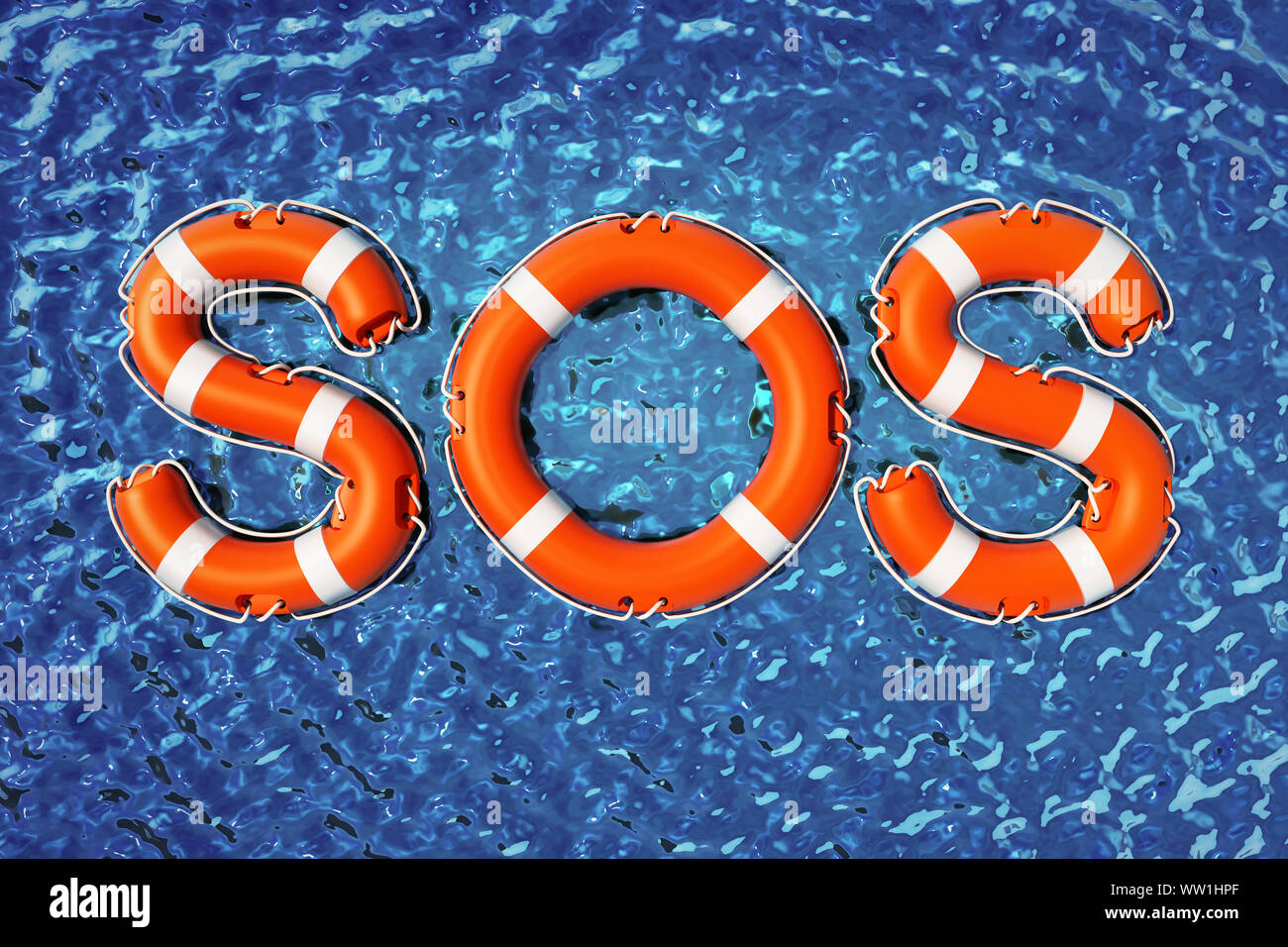 SOS mot formé avec des bouées de la vie sur la mer. 3D illustration. Banque D'Images