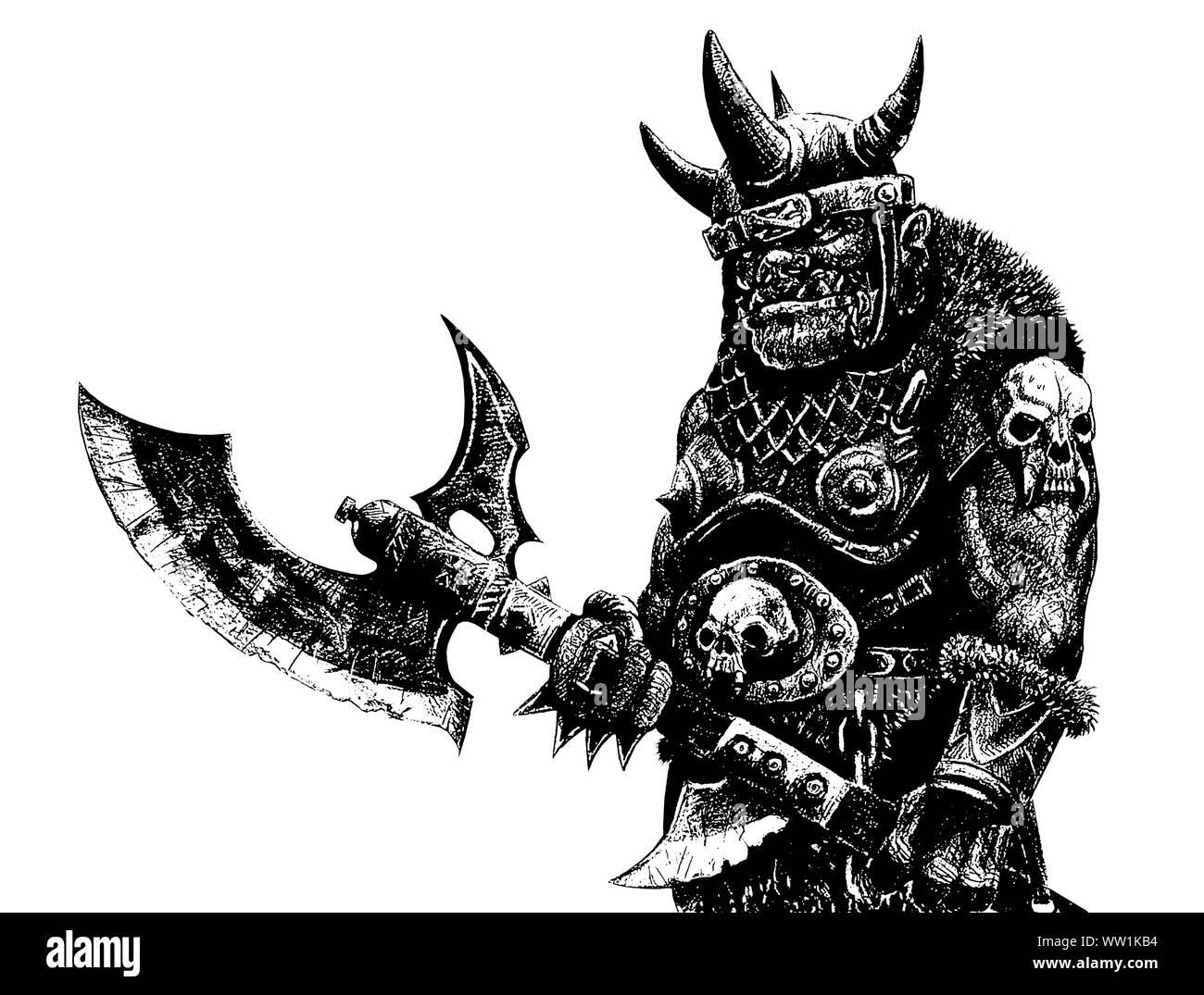 Orc avec ax. Fantasy black white dessin. Créature barbare illustration. Banque D'Images