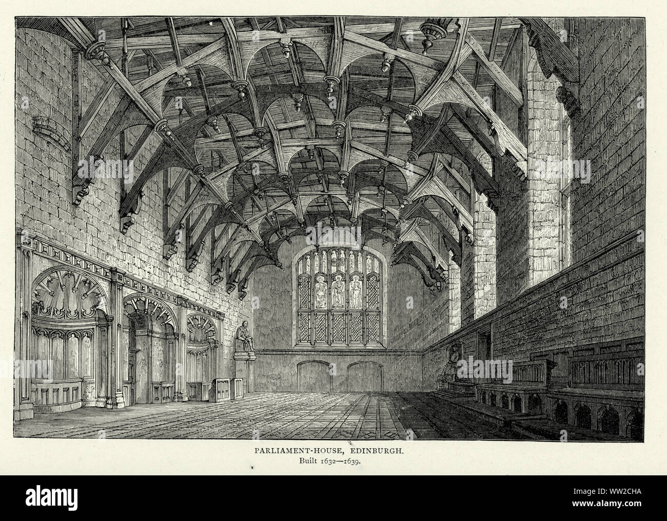 Parliament House, Édimbourg, Écosse 17e siècle. Salle du Parlement, est le principal élément intérieur chêne élaborée trussed toit plat pris en charge sur les corbeaux de pierre sculptée. Banque D'Images