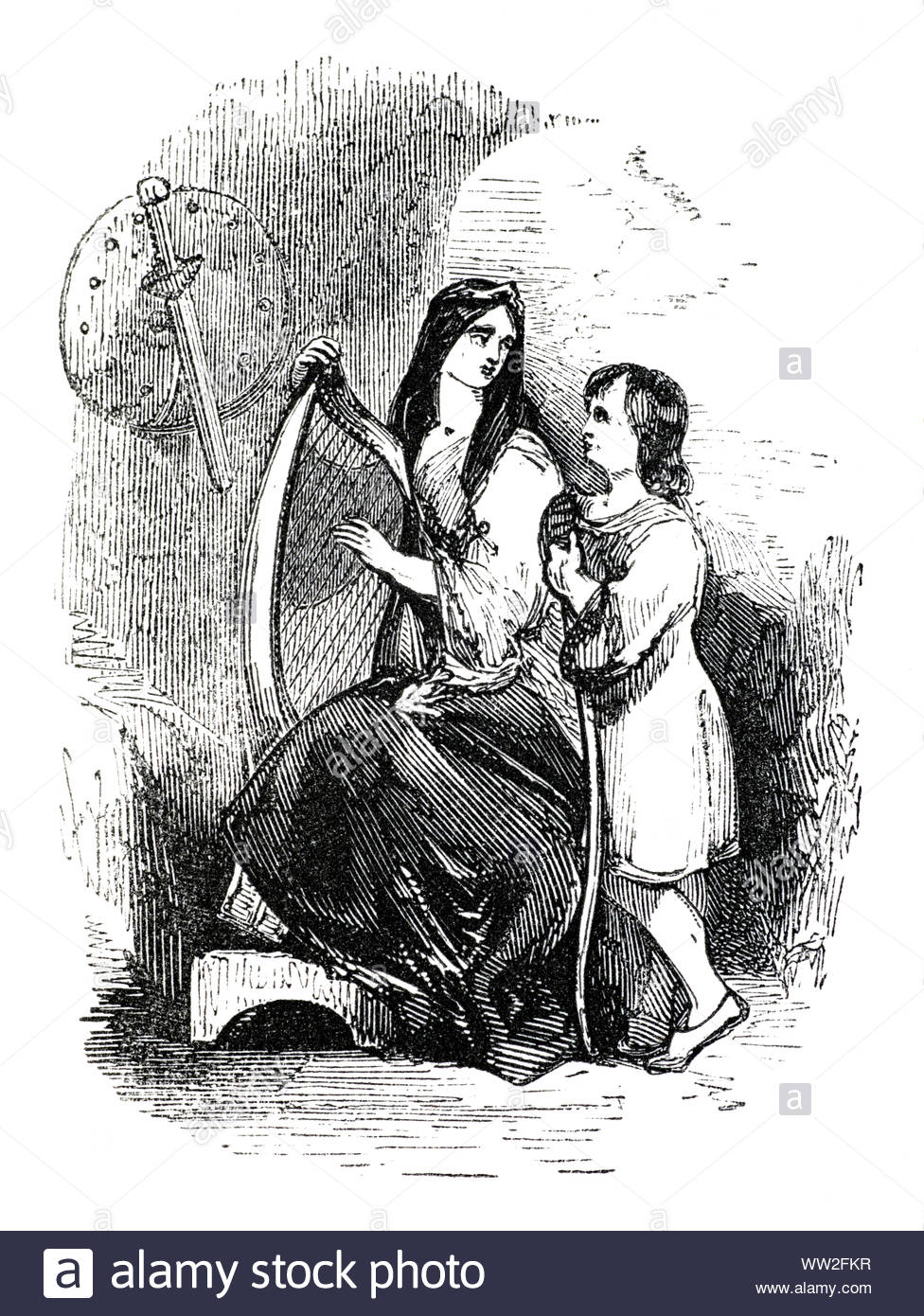 Roi Alfred le Grand, 848 - 899, comme garçon avec sa mère Osburh ou Osburga, illustration vintage de 1850 Banque D'Images