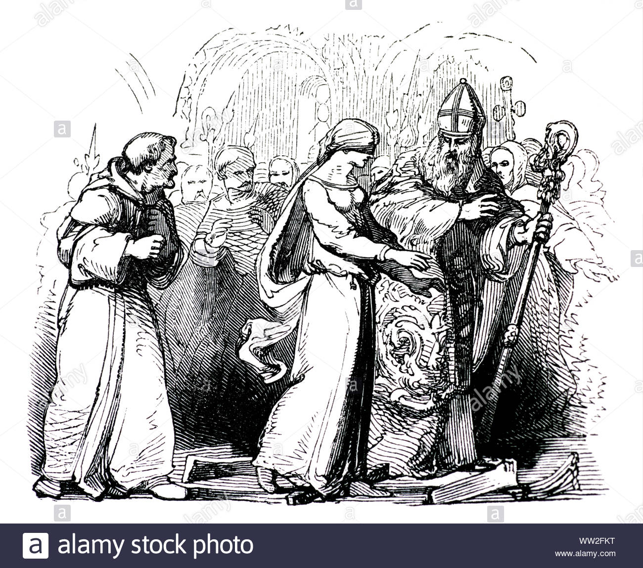 La reine Emma de Normandie, épouse du roi Canute et du roi anglo-saxon Æthelred l'Unready, marchant sur des socs rouges chauds, illustration vintage de 1850 Banque D'Images
