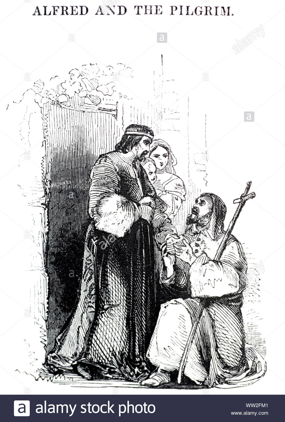 Roi Alfred le Grand, 848-899, et le pèlerin, illustration vintage de 1850 Banque D'Images
