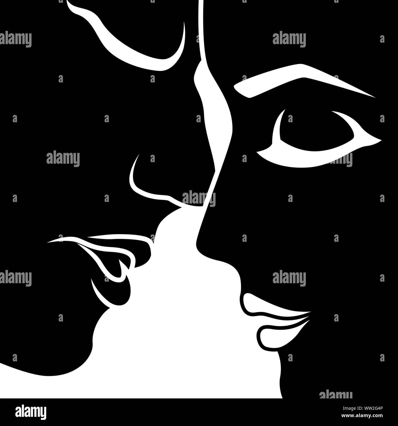 Résumé heureux la femme et l'homme dans l'instant avant de baiser, pochoir vecteur noir isolé sur fond blanc Illustration de Vecteur