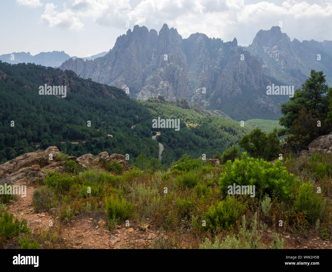 Paysage de montagne avec les aiguilles de Bavella en arrière-plan (Corse - France) Banque D'Images