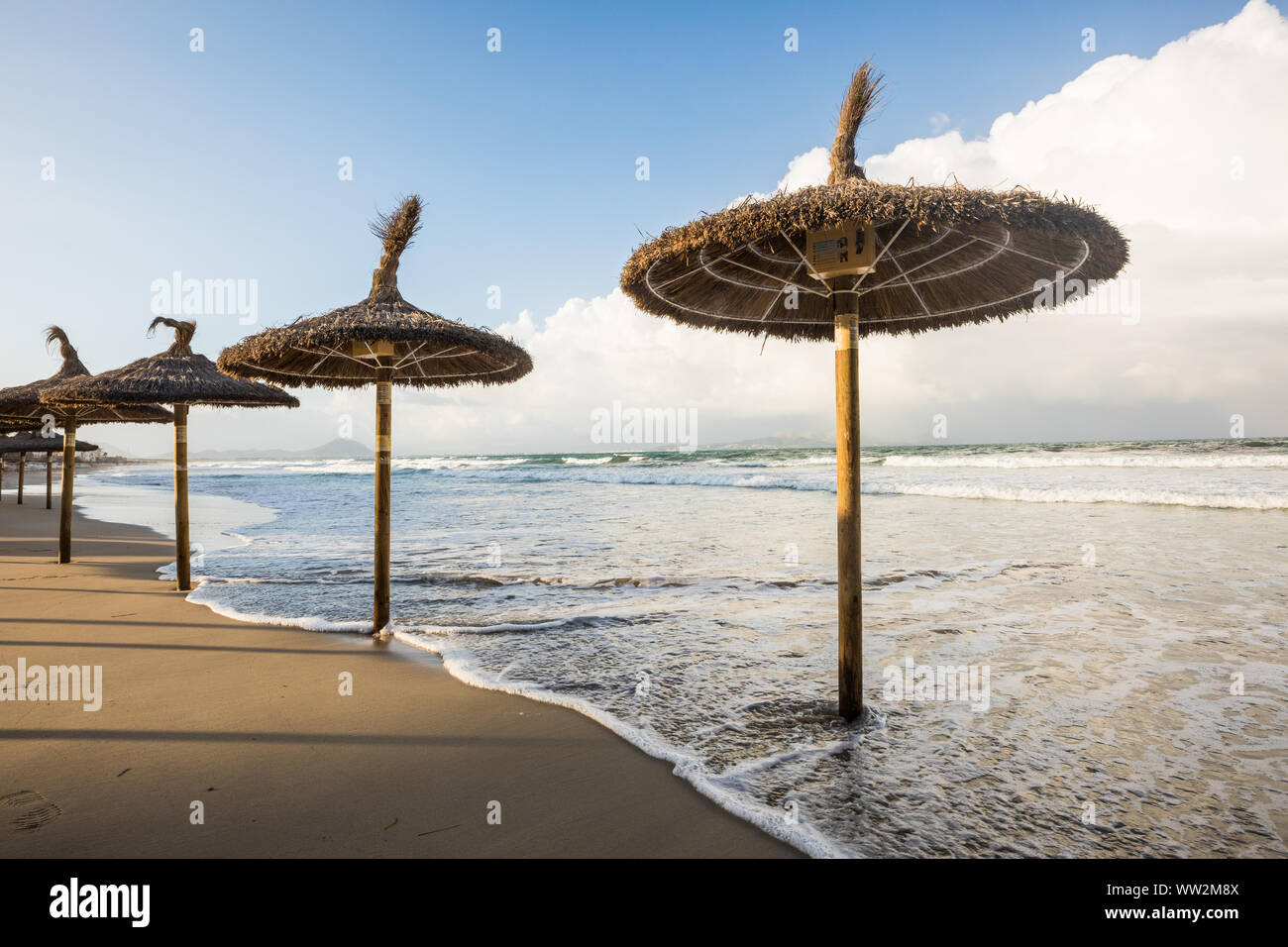 A inondé des parasols sur la plage de Majorque, la ville de Can Picafort Banque D'Images