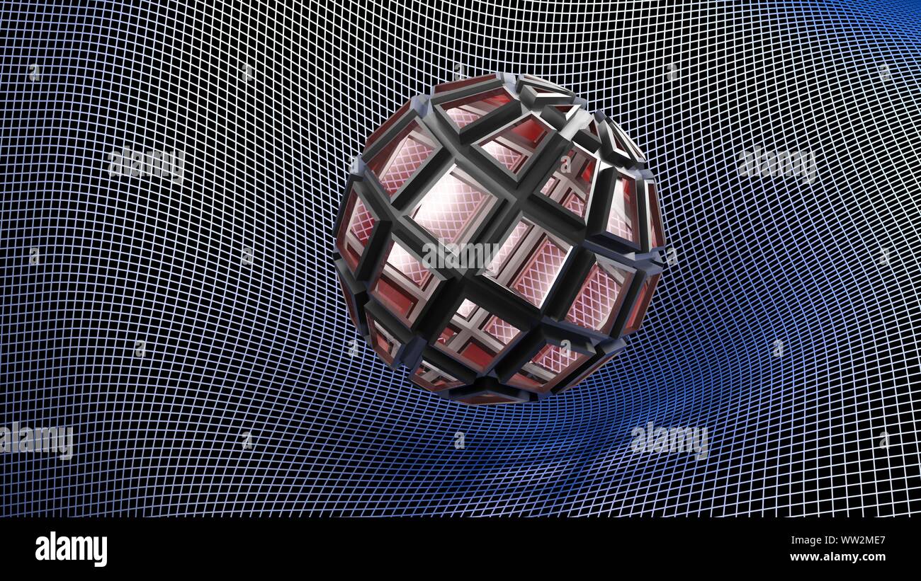 Chrome Métallique en relief abstrait et l'objet de verre rouge sur une grille déformée - surface de rendu 3D illustration Banque D'Images