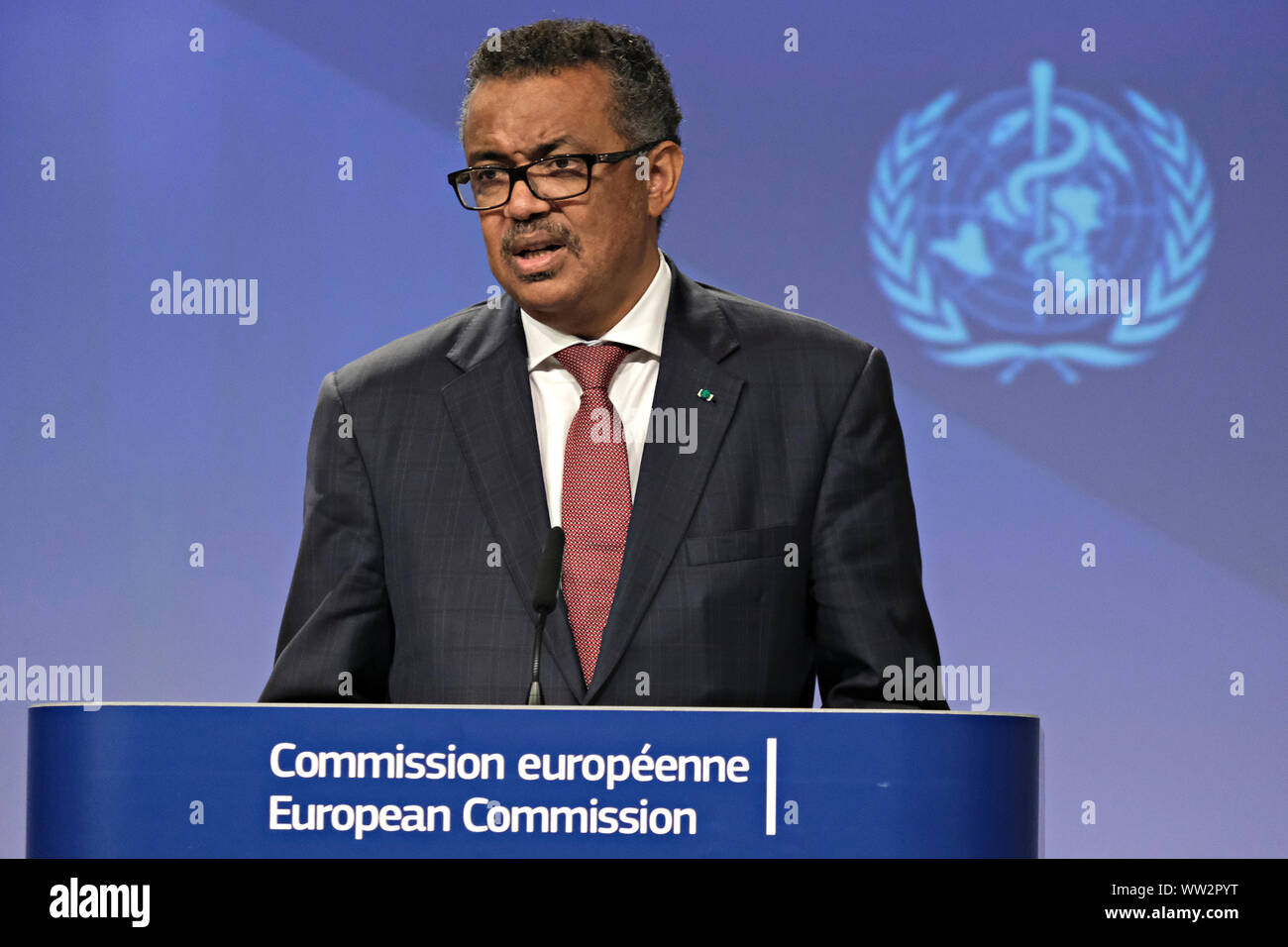 Bruxelles, Belgique. 12e Septembre 2019. Conférence de presse du Commissaire Vytenis ANDRIUKAITIS et le directeur général de l'Organisation mondiale de la santé Tedros ADHANOM GHEBREYESUS, à l'occasion du Sommet mondial de la vaccination. Alexandros Michailidis/Alamy Live News Banque D'Images