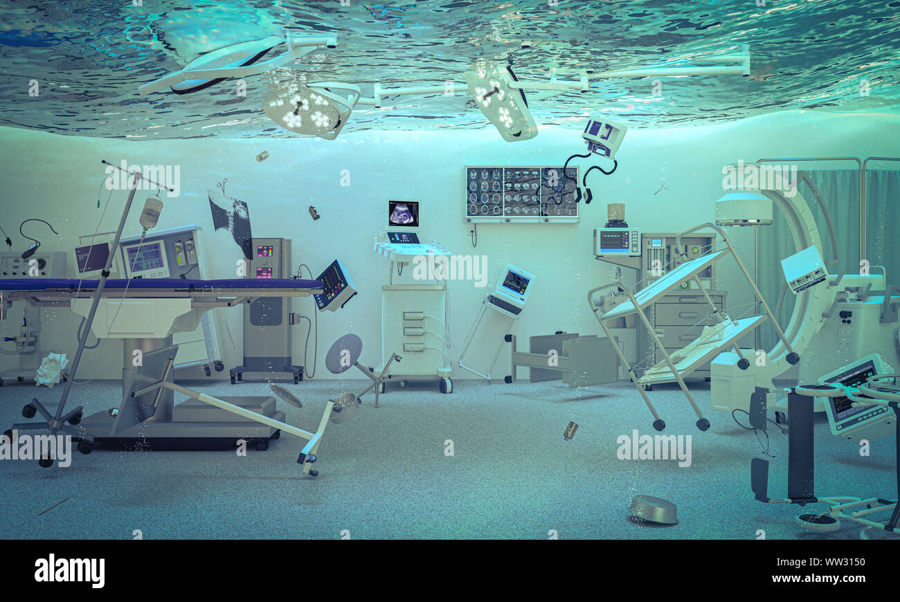 Résumé L'image de rendu 3D de la salle d'opération d'un hôpital inondé. Concept de questions concernant les hôpitaux et la santé. Banque D'Images