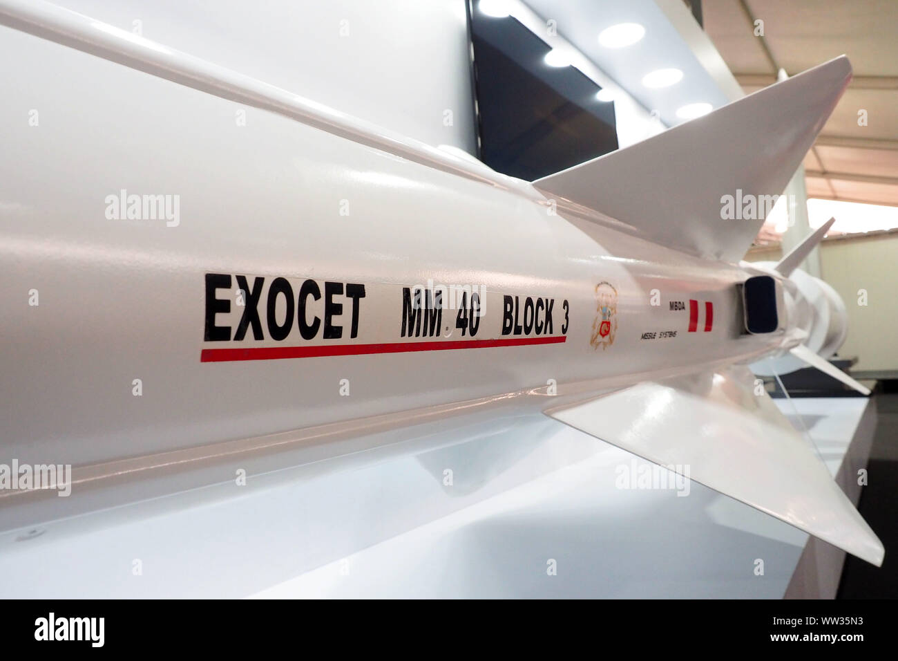 Missile Exocet affiché lors de la 7e édition de l'Exposition internationale de la technologie de défense SITDEF, 2019, au Siège de l'armée péruvienne. L'événement se tient du 16 au 19 mai avec la présence de représentants de 28 pays. Banque D'Images