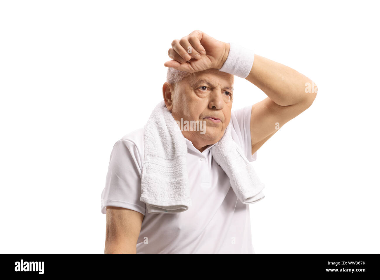 Exhausted senior dans une exploitation sur son bras forhead isolé sur fond blanc Banque D'Images
