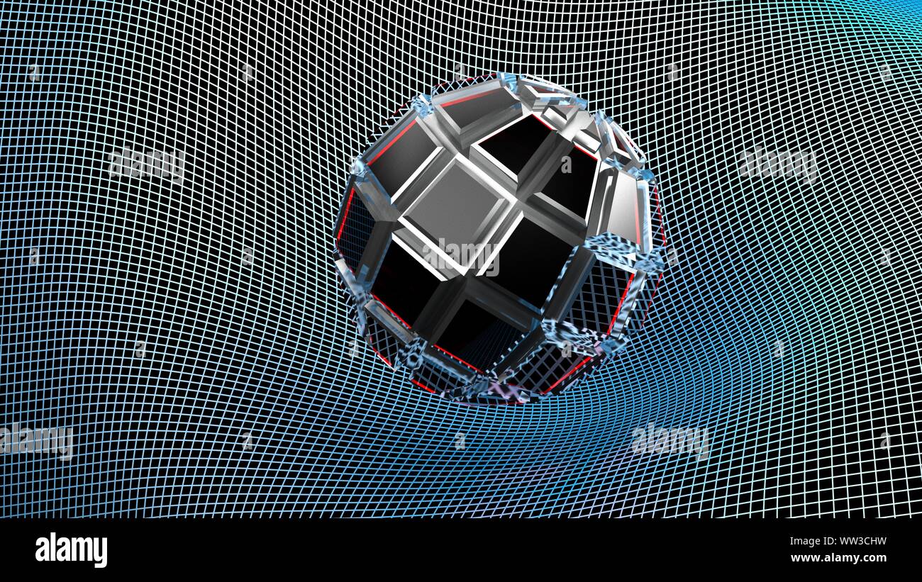 Chrome Métallique en relief abstrait et l'objet de verre rouge sur une grille déformée - surface de rendu 3D illustration Banque D'Images