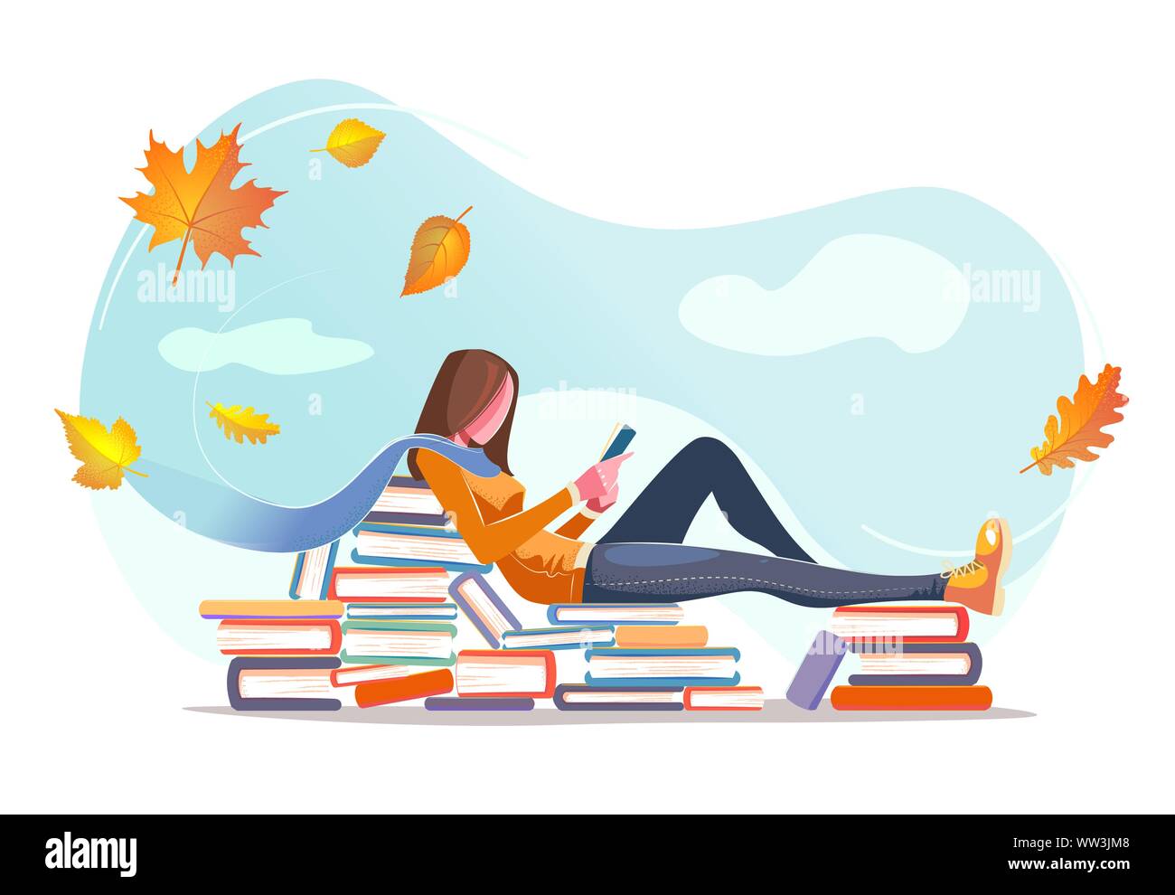 Girl reading, assis sur des piles de livres dans les feuilles d'automne arrière-plan. Concept design. Bel Automne nature avec jeune femme. Carte moderne pour la conception web avec fond blanc isolé Illustration de Vecteur