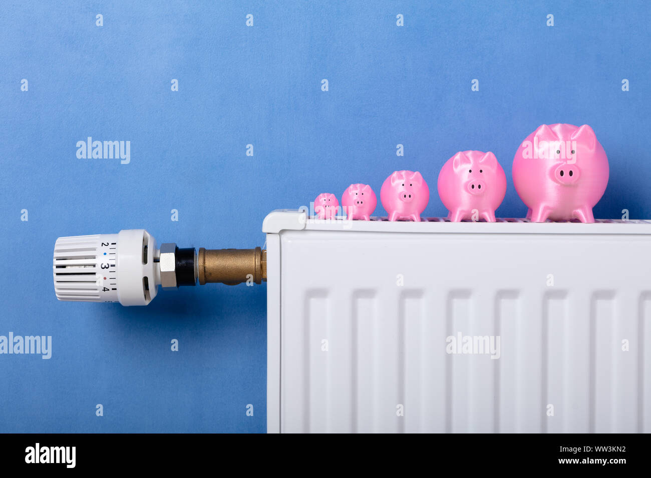 Close-up of Pink Piggy Banks conservés dans une rangée sur radiateur Banque D'Images