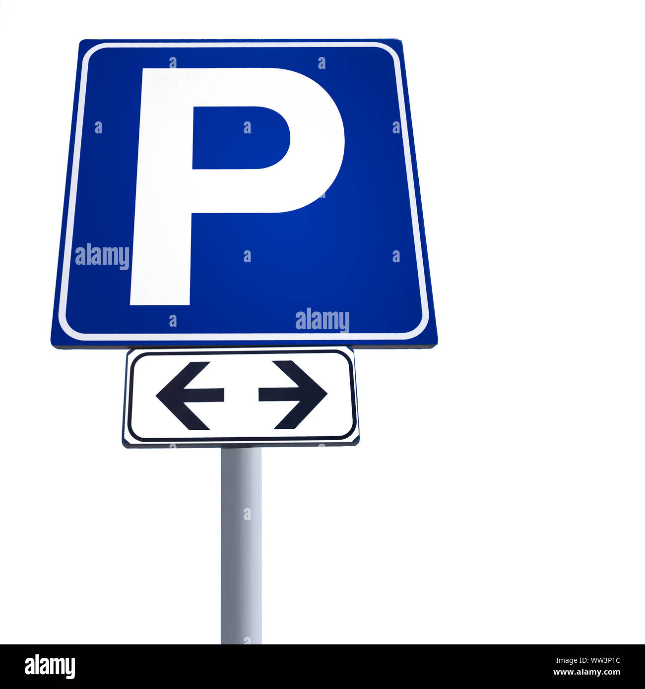 Parking gratuit, signal pour les deux côtés de la rue, isolé sur blanc. Copier l'espace. Banque D'Images