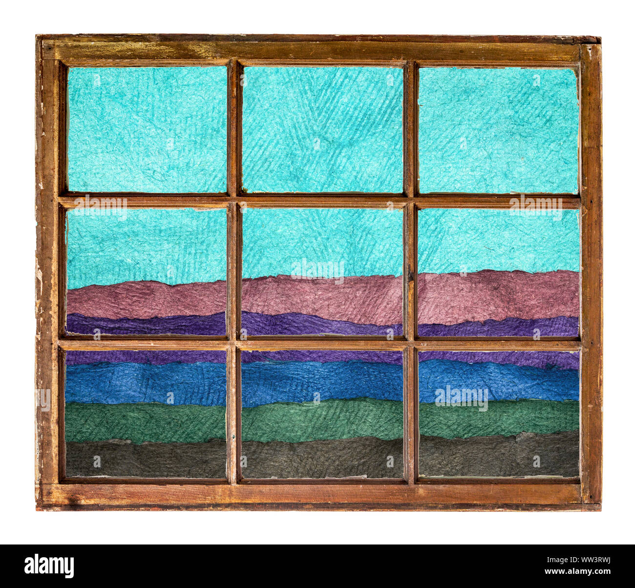 Paysage abstrait dans les tons bleu et vert créé avec des feuilles de papier artisanal comme vu à travers une fenêtre à guillotine vintage Banque D'Images