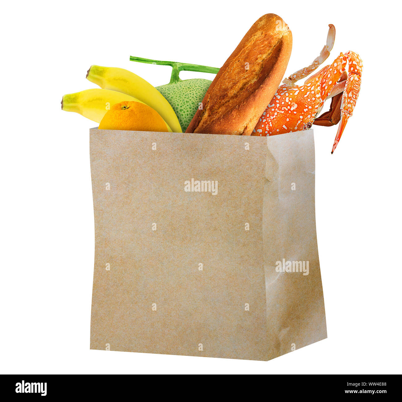 Concept d'épicerie, supermarché d'isoler le produit vendu au détail en sac de papier brun sur fond blanc Banque D'Images