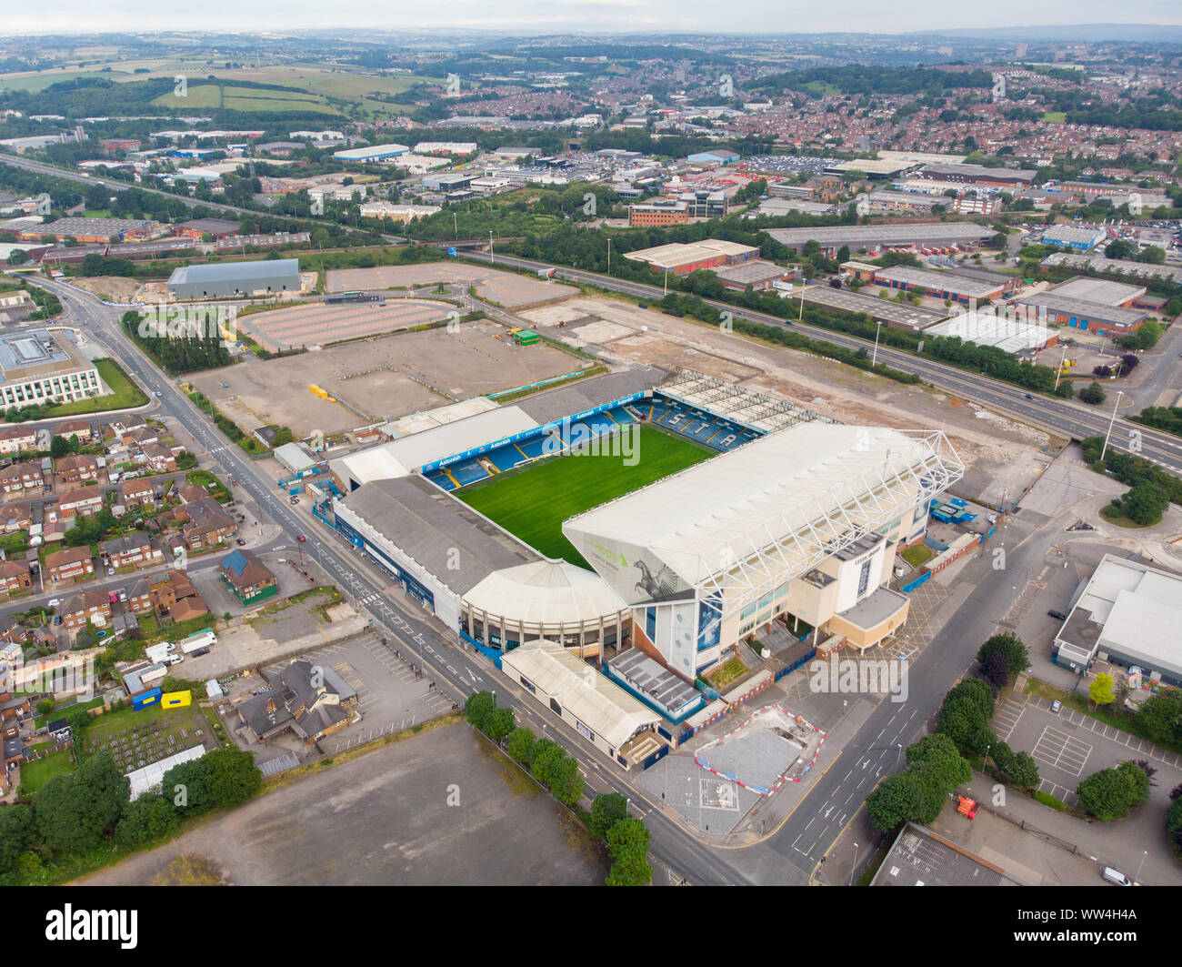 Photo aérienne d'Elland Road le Stade du Club de Football, pris dans Leeds West Yorkshire du Leeds United Football Club au Royaume-Uni Banque D'Images