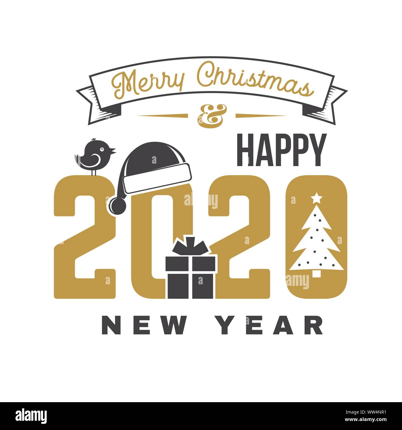 Joyeux Noel Et Bonne Annee Timbre Autocollant Avec Arbre De Noel Santa Hat Don Et D Oiseaux Vecteur Design Typographie Vintage Pour Noel Nouvel An Dans L Embleme De Style Retro Image Vectorielle