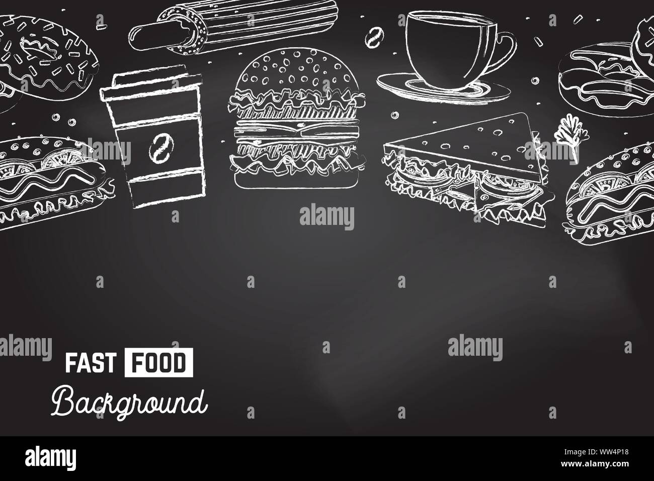 Modèle sans couture avec restauration rapide américaine. Arrière-plan de restauration rapide. Vector Illustration. Le café, sandwich, hot dog, burger et beignets encombrement sur le tableau Illustration de Vecteur