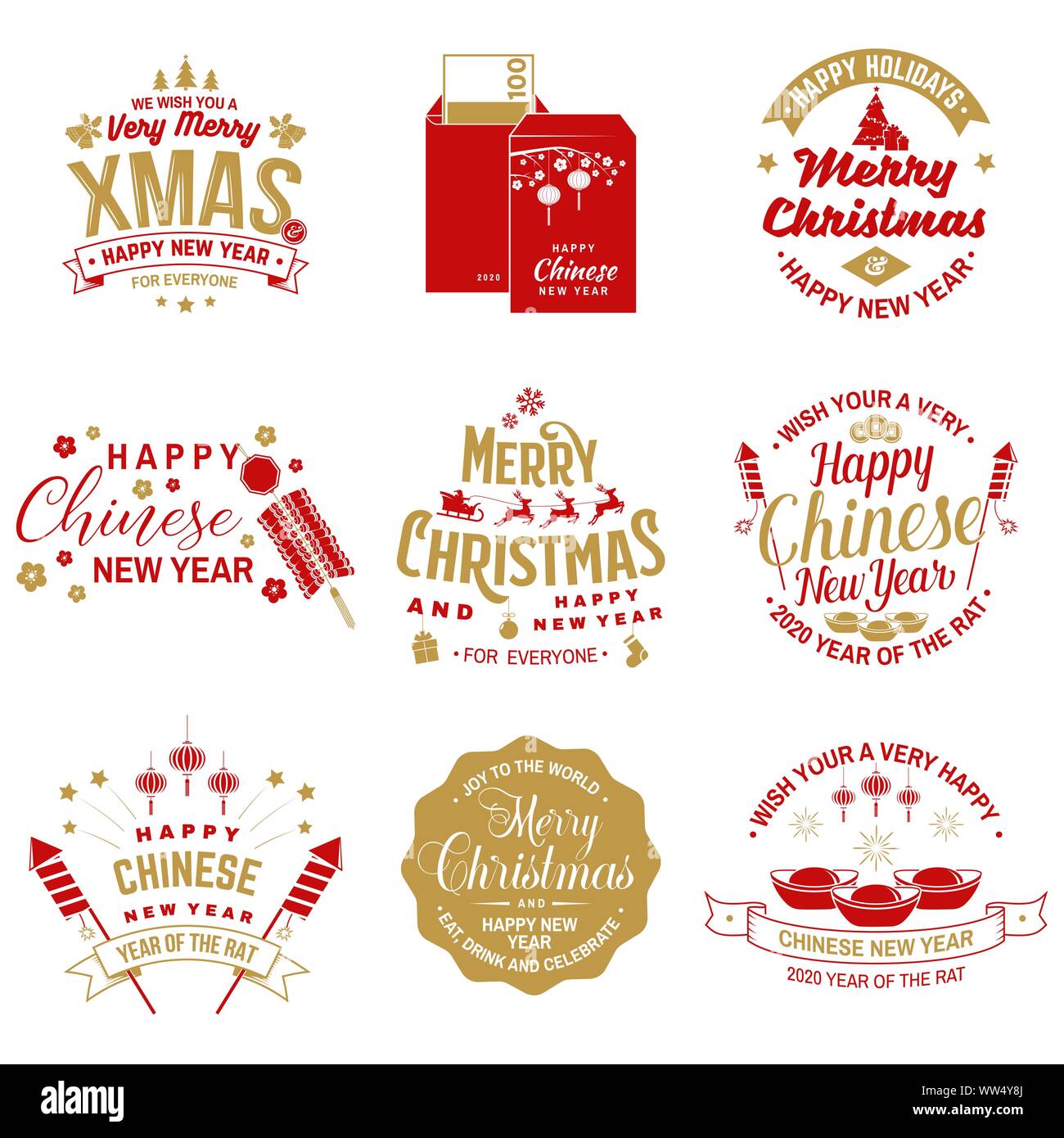 Ensemble de Joyeux Noël et bonne nouvelle année chinoise dans la conception de style rétro. Vector illustration. Typographie vintage design pour le nouvel an chinois et de l'emblème de noël. Illustration de Vecteur Ensemble de Joyeux Noël et bonne nouvelle année chinoise dans la conception de style rétro. Vector illustration. Typographie vintage design pour le nouvel an chinois et de l'emblème de noël. Illustration de Vecteur