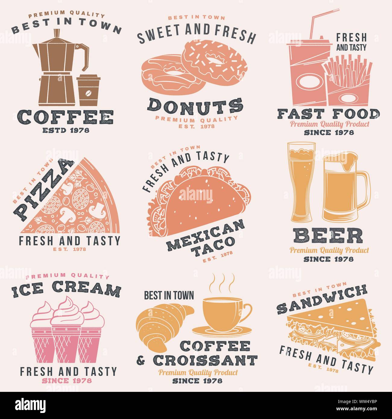 Ensemble de restauration rapide badge rétro design. Vecteur. Vintage design avec hot-dog, hamburger, pizza pour café, restaurant, pub ou fast food business. Modèle pour les objets d'identité restaurant, l'emballage et menu Illustration de Vecteur