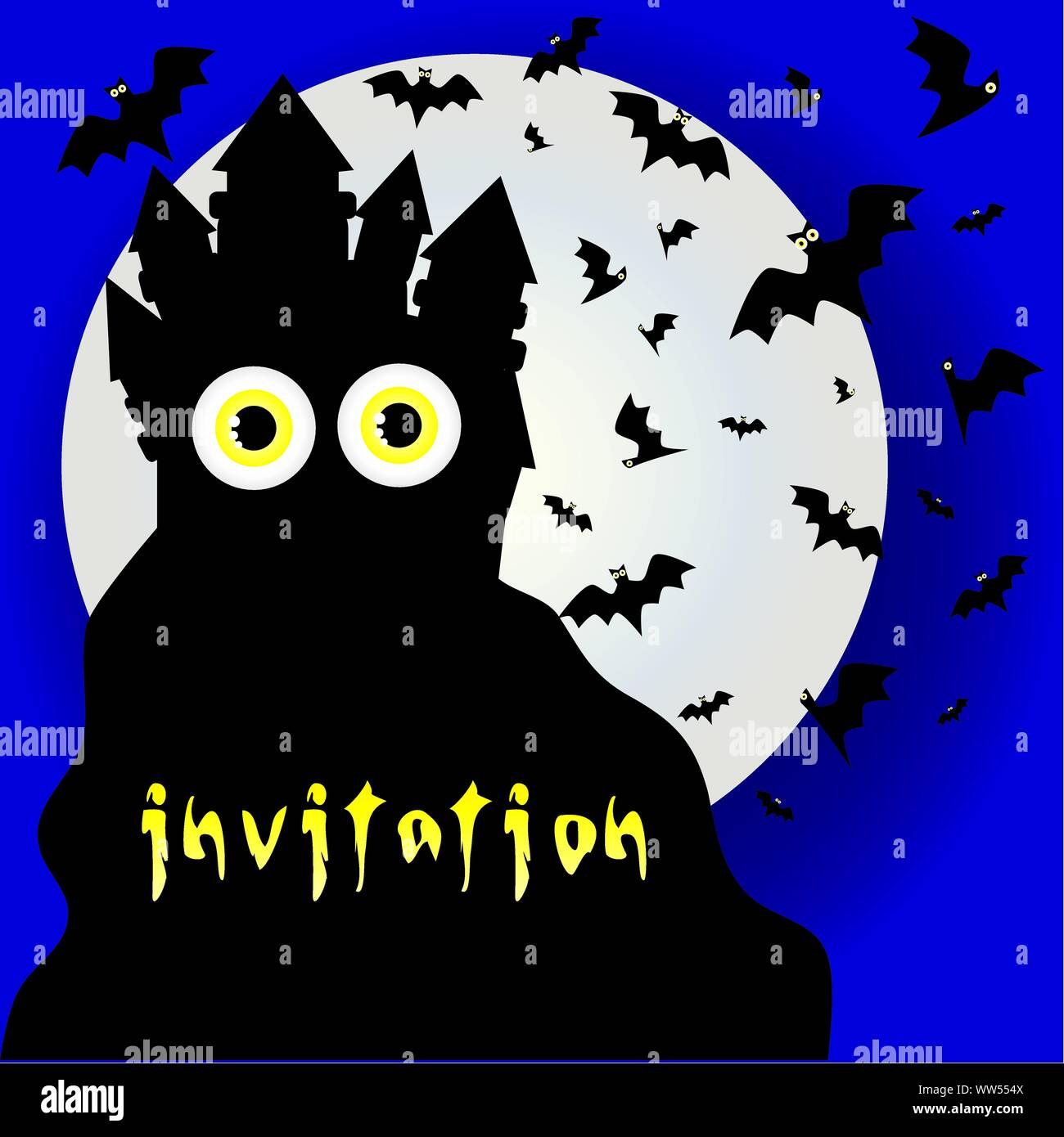 Invitation de l'Halloween ou Halloween carte avec Dracula château sombre sur les rochers avec des chauves-souris et de la lune et de grands yeux jaunes, avec place pour le texte, vecteur Illustration de Vecteur