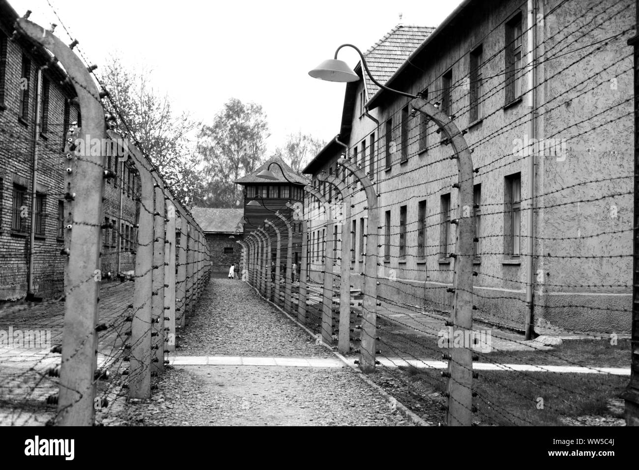 Clôture de barbelés électriques avec des casernes, camp de la mort Auschwitz I, Auschwitz, la Petite Pologne, la Pologne, l'Europe Banque D'Images