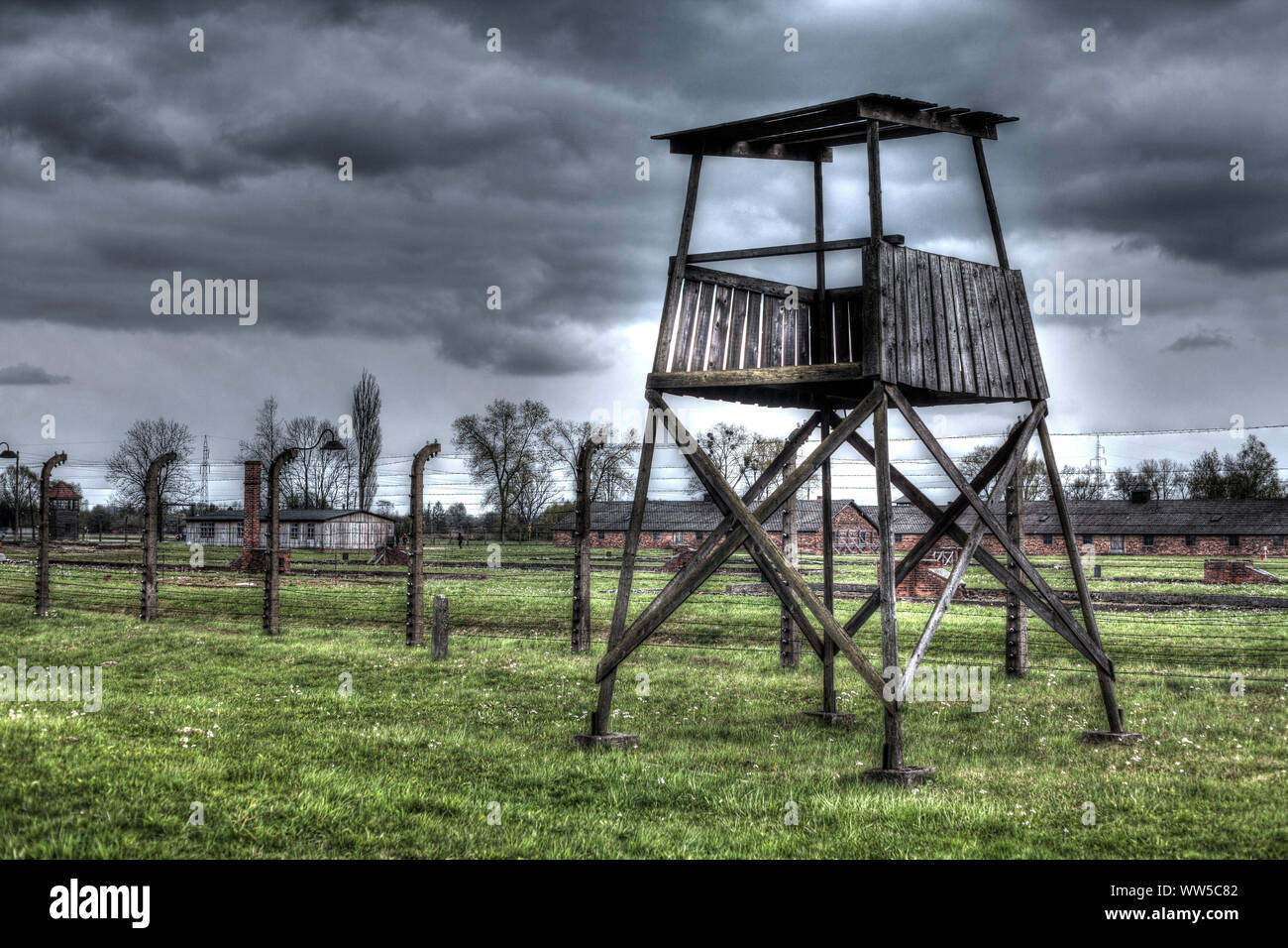 Camp de la mort, de la tour de garde d'Auschwitz II-Birkenau, Auschwitz, la Petite Pologne, la Pologne, l'Europe Banque D'Images