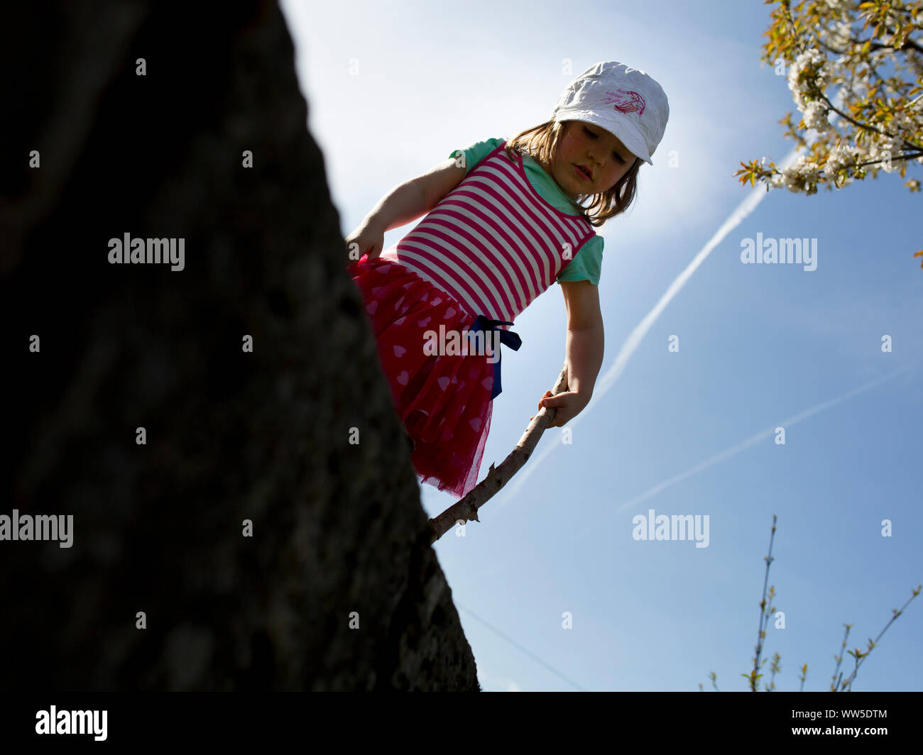 5-year-old fille en robe rayée debout avec bâton en bois sur un mur Banque D'Images