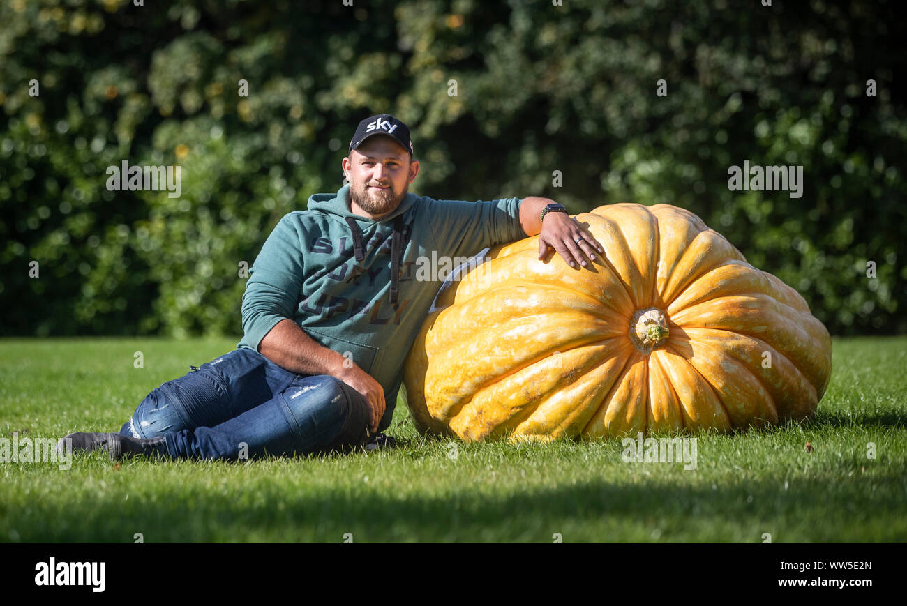 Richard Mann avec son large citrouille géante pesant 291,7 kilos, le décroché le 1er prix de la catégorie des légumes citrouille géante de la concurrence à la Harrogate Automne Flower Show au Yorkshire. Banque D'Images