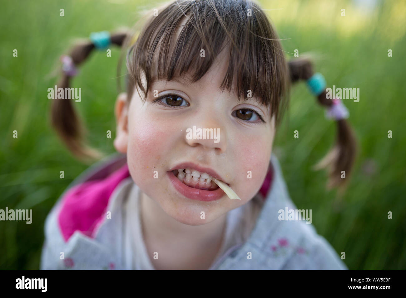 Enfant 4 à 6 ans, le fromage dans la bouche, grimaces, portrait, pré vert dans l'arrière-plan Banque D'Images