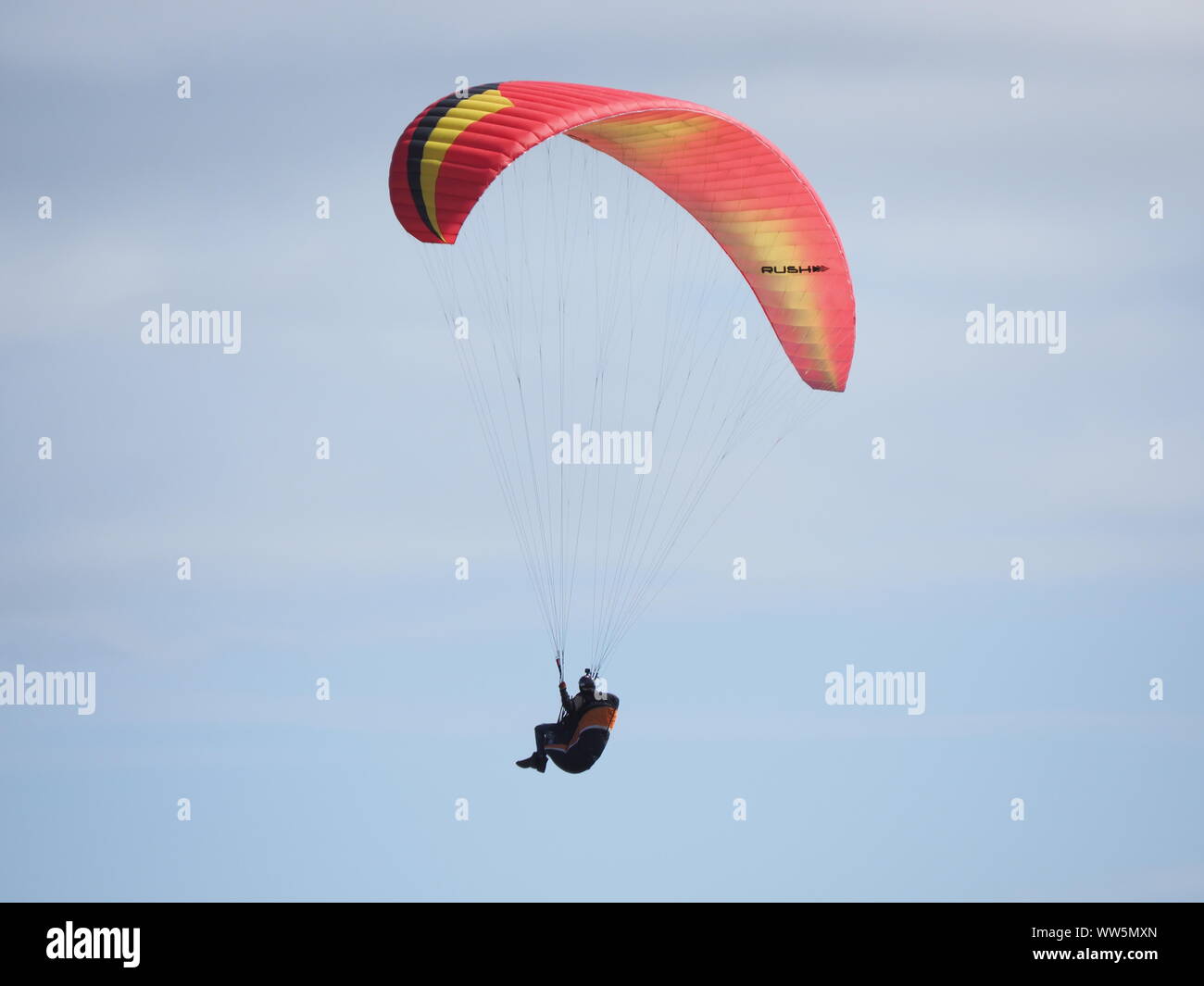 Minster sur Mer, Kent, UK. 13 Septembre, 2019. Météo France : un après-midi chaud et ensoleillé à Minster sur Mer, Kent aux parapentistes profitent de l'ascendance thermique hors de Minster falaises. Credit : James Bell/Alamy Live News Banque D'Images