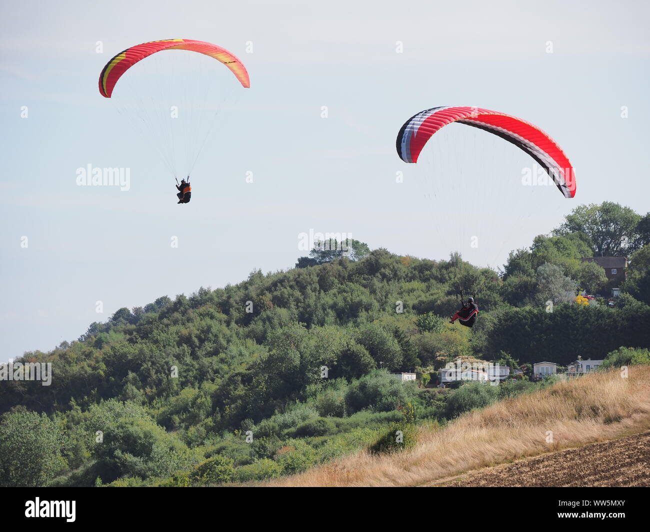 Minster sur Mer, Kent, UK. 13 Septembre, 2019. Météo France : un après-midi chaud et ensoleillé à Minster sur Mer, Kent aux parapentistes profitent de l'ascendance thermique hors de Minster falaises. Credit : James Bell/Alamy Live News Banque D'Images