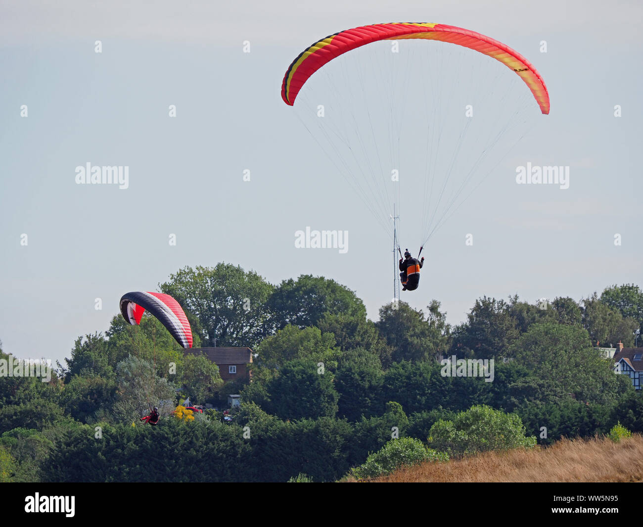 Minster sur Mer, Kent, UK. 13 Septembre, 2019. Météo France : un après-midi chaud et ensoleillé à Minster sur Mer, Kent aux parapentistes profitent de l'ascendance thermique hors de Minster falaises. Credit : James Bell/Alamy Live News Banque D'Images