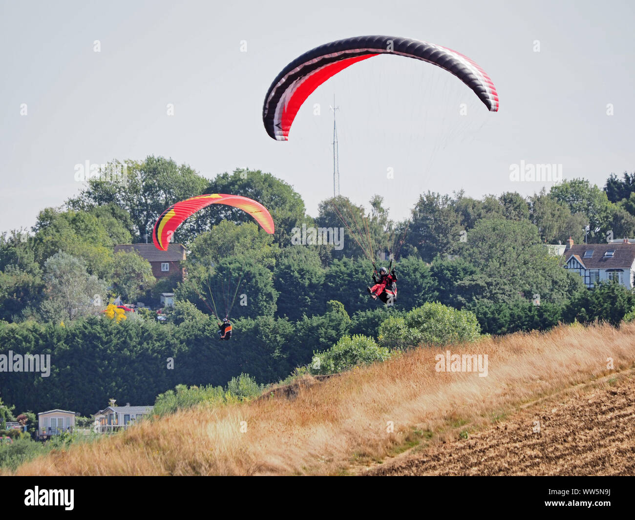 Minster sur Mer, Kent, UK. 13 Septembre, 2019. Météo France : un après-midi chaud et ensoleillé à Minster sur Mer, Kent aux parapentistes profitent de l'ascendance thermique hors de Minster falaises. Credit : James Bell/Alamy Live News Banque D'Images