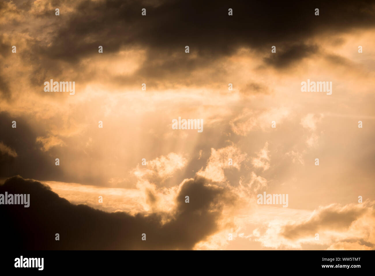 Beaux nuages avec des faisceaux de lumière brisant le coucher de soleil. Banque D'Images