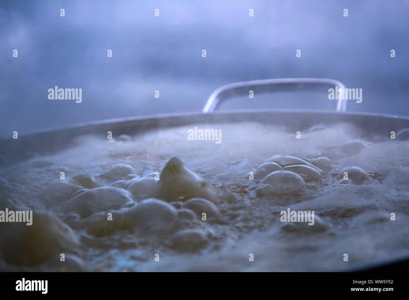 La cuisson de riz, faire cuire le riz, du congee tarifaire simple. Bouillies épaissies et crache sur la surface Banque D'Images