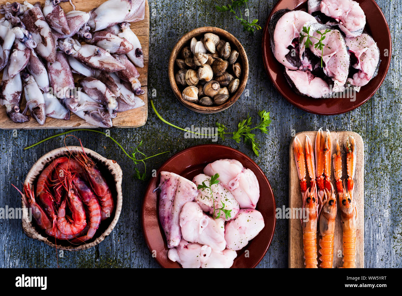 Portrait d'un assortiment de fruits de mer crus, tels que les crevettes, langoustines, palourdes, calmars et quelques morceaux de merlu et lotte, sur un cadre rustique gra Banque D'Images
